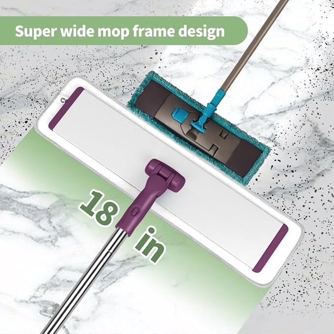 CQT Commercial Flat Microfiber Floor Mop Cleaning System 18" Inch Wet Dry and Dust Hardwood with 4 Washable Pads Cleaner for Laminate Tile Stainless Steel Handle and Extension (PT13-WET)