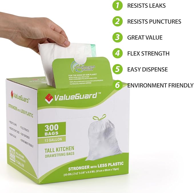 Large Trash Bags 13 Gallon Tall Drawstring 100% Post-Consumer Recycled Garbage Bag Waste Bag for Kitchen Office 0.6 Mil (300 Count)