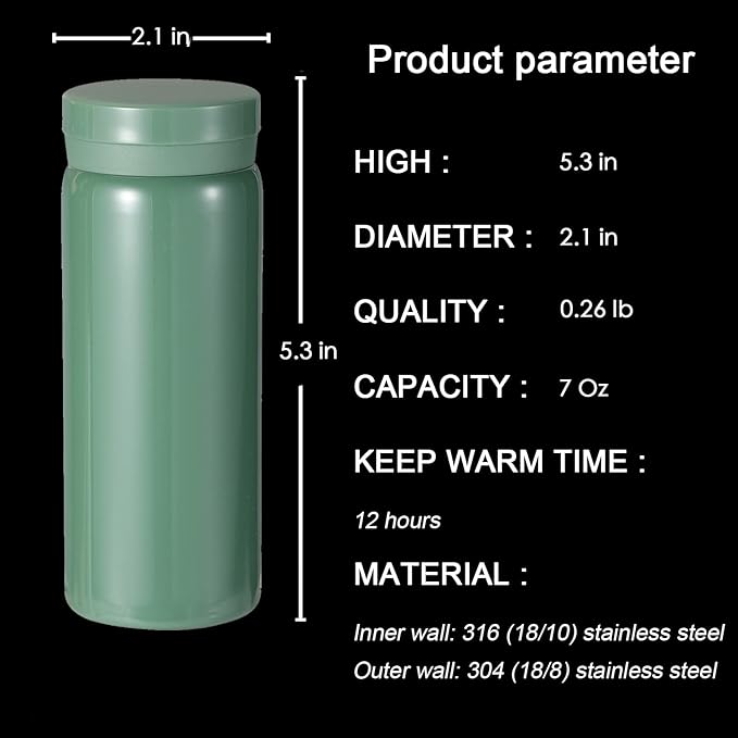 Mini Thermos Cute Water Bottle - 7 oz Tiny Insulated Vacuum 18/10 Stainless Steel Small Flask - Leak Proof & Spill Proof & Keeps Cold and Hot for Drink, Coffee, Tea - Green