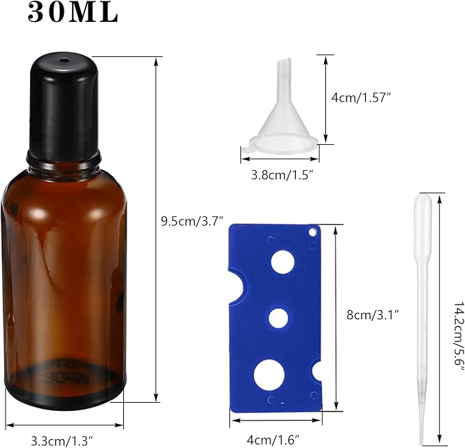 30ML Roller Bottles for Essential Oil, 4 Pack Empty Amber Glass Roller Bottle for Perfume Oil, Roll on Bottles with Stainless Steel Roller Balls, Opener, Funnel and Dropper