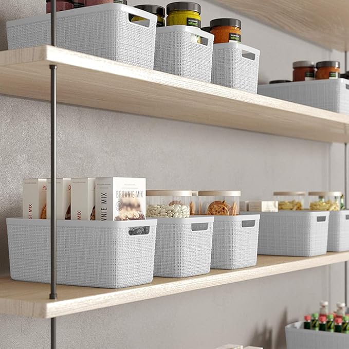 Curver Jute Decorative Plastic Organization and Storage Basket Perfect Bins for Home Office, Closet Shelves, Kitchen Pantry and All Bedroom Essentials, Slim, White, Set of 8