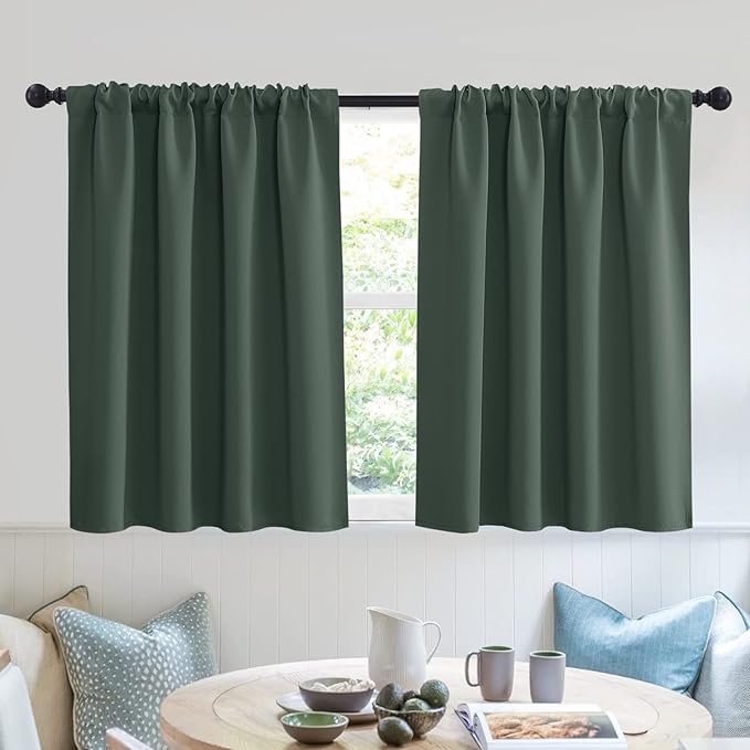 RYB HOME RV Curtains for Camper Windows - Soft Thermal Insulated Small Window Curtain Tiers for Cafe Kitchen Bedroom Basement Glass Door Window, W 42 x L 30 inches, Dark Green, 2 Panels