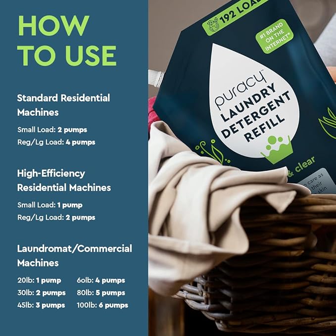 Puracy Laundry Detergent Refill - Enzyme-Powered Liquid Detergent Concentrate, Natural Laundry Detergent Seen on TikTok, Non-Toxic (Free & Clear, 48 fl oz, 192 Loads)