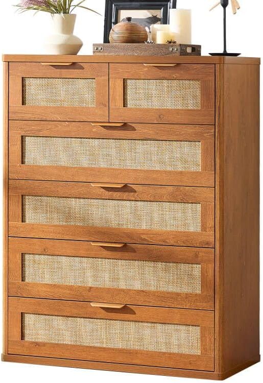 LEYAOYAO Rattan Dresser for Bedroom, 42" Tall Chest of Drawers, Modern 6 Drawers Boho Dressers with Storage, Vintage Brown Dresser Wooden Closet Organizer for Living Room, Hallway
