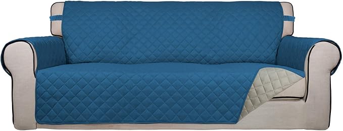PureFit Reversible Quilted Sofa Cover, Water Resistant Slipcover Furniture Protector, Washable Couch Cover with Non Slip Foam and Elastic Straps for Kids, Pets (X Large, Peacock Blue/Beige)