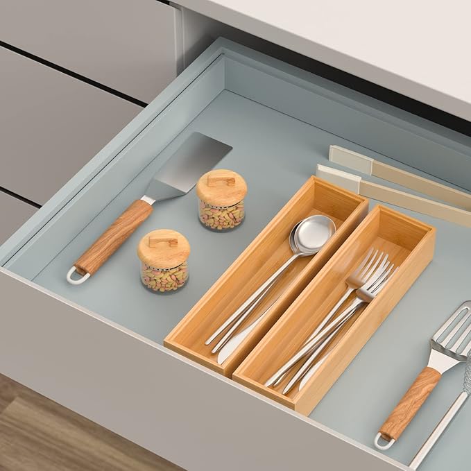 Silverware Tray for Drawer, Stackable Kitchen Bamboo Drawer Organizer 12" x 3" x 2" Set of 2