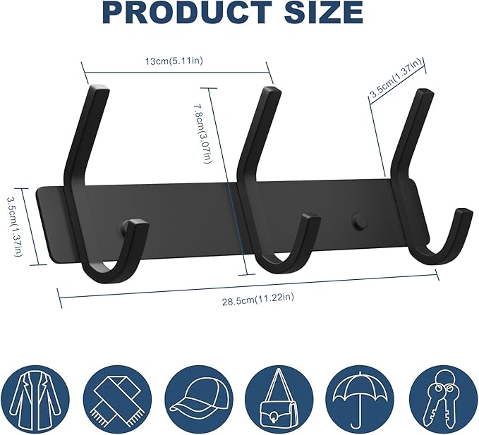 VAEHOLD Coat Hooks Wall Hook for Hanging Clothes Robes Towels Hats Heavy Duty Coat Hanger Coat Rack Wall Mount with 3 Hooks - Black