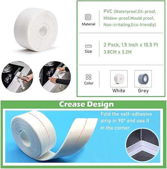 2 Pack Caulk Strip, 1.5" x 10.5Ft PVC Self Adhesive Caulk Tape, Sealing Waterproof Silicone Tape for Bathroom Bathtub Kitchen Toilet Wall Windows
