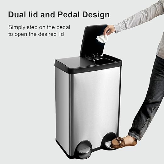 Dual Trash Can, 60 Liter/16 Gallon Dual Bin Trash Can with Lids, Trash and Recycling Bin Combo, Hands-Free Stainless Steel Kitchen Garbage Can, Silver Recycling Waste Bin for Home, Office