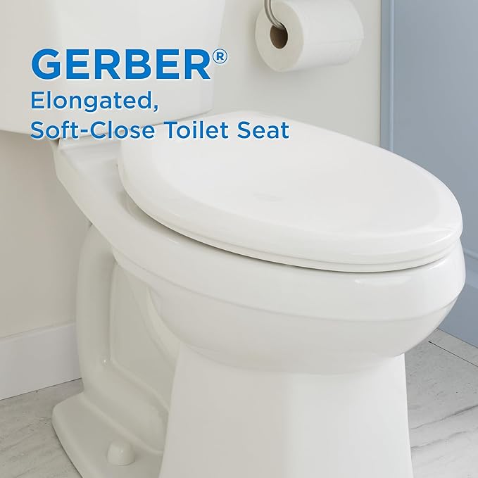 Gerber Universal Elongated Toilet Seat with Cover, Soft Close, Top Mount, Easy Install, Heavy-Duty Plastic, Adjustable Fit for Standard Elongated Toilets, Fade-Resistant, White G0099849