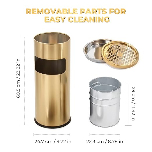 Trash Can Outdoor Waste Container Round Stainless Steel Trash Can with Removable Inner Bucket for Disposal Commercial Waste Container 9.8 x 24-Gold Tone