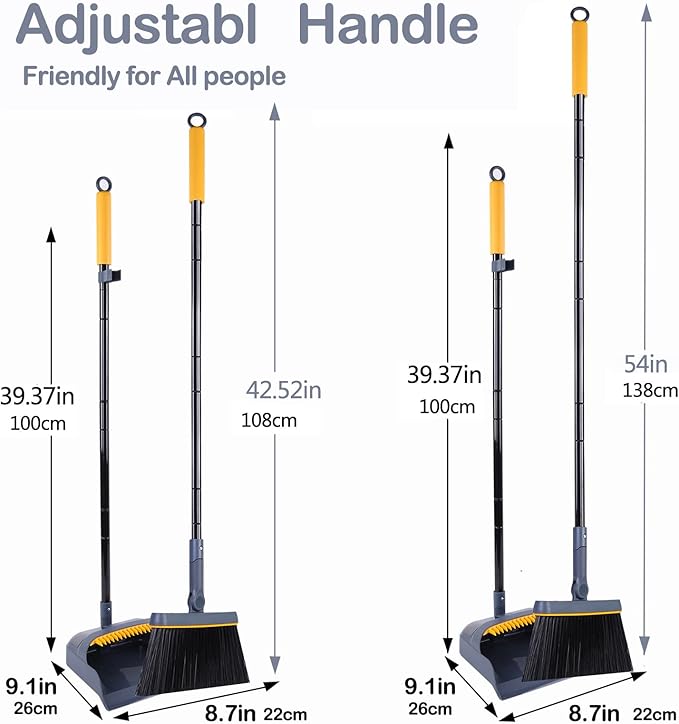 JEHONN Broom and Dustpan Set for Home, 54 Inches Long Handle Lightweight 180 Degree Rotating Indoor Upright Standing Dust Pan with Comb Teeth, Store Sweep Set for Room Kitchen Lobby Office