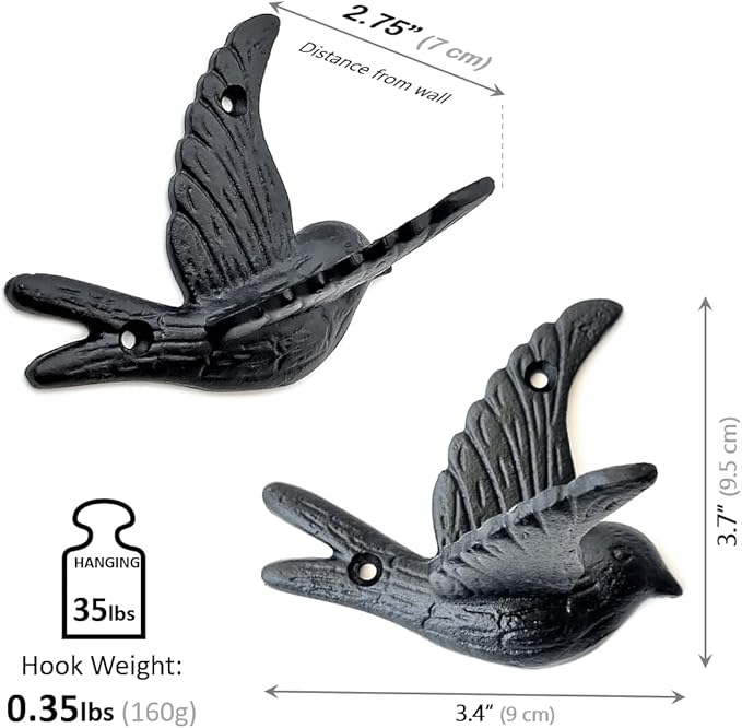 Ambipolar 5-Pack Bird Flying Style Coat Hooks, Vintage Black Hooks for Coats, Hats, and More, Sturdy Cast Iron Construction, Rustic Farmhouse Theme, Easy Installation Versatile and Durable