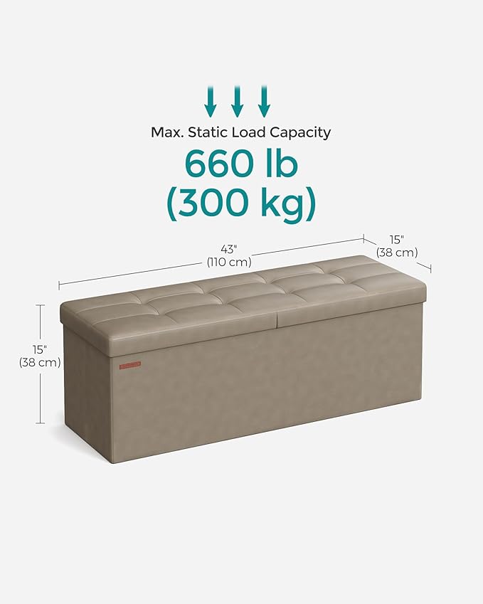 SONGMICS MAZIE Collection - 43 Inches Storage Ottoman Bench with Flipping Lid, Storage Chest with Iron Frame Support, Load 660 lb, for Living Room, Bedroom, Synthetic Leather, Camel Brown ULSF075K03