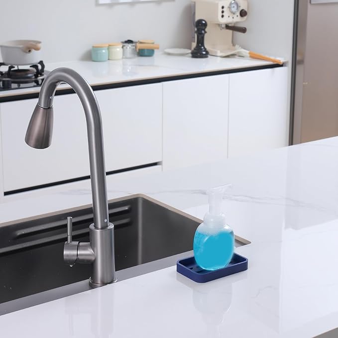 Silicone Kitchen Sink Organizer Tray for Multiple Usage,Easy Clean Sponges Holder for Kitchen Bathroom Counter or Sink,Dish Soap Dispenser,Scrubber,Bottle,Cup Navy Blue 4.9”x 3.2”