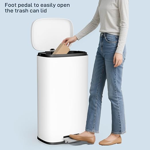 Arlopu13.2 Gallon Step Trash Can, Stainless Steel Garbage Bin, Soft-Close Rubbish Bin with Removable Plastic Inner Bucket, Fingerprint-Proof, Lid Dustbin, Suit for Kitchen Home (White, 50L)
