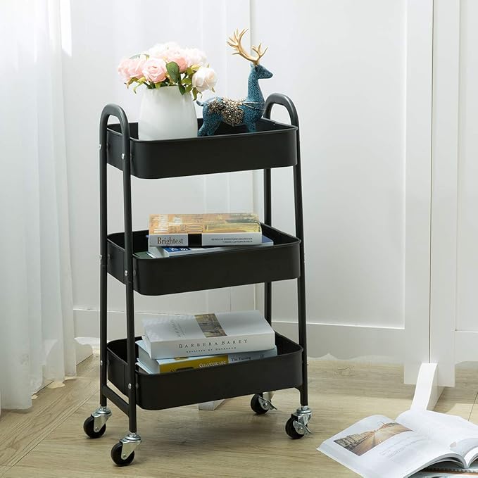AGTEK Makeup Cart, Movable Rolling Organizer Cart, Black 3 Tier Metal Utility Cart