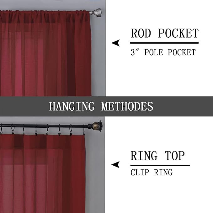 Tollpiz Sheer Curtain Linen Textured Bedroom Curtains Sheer Light Filtering Rod Pocket Voile Curtain for Living Room, 54 x 95 inches Long, Burgundy Red, Set of 2 Panels