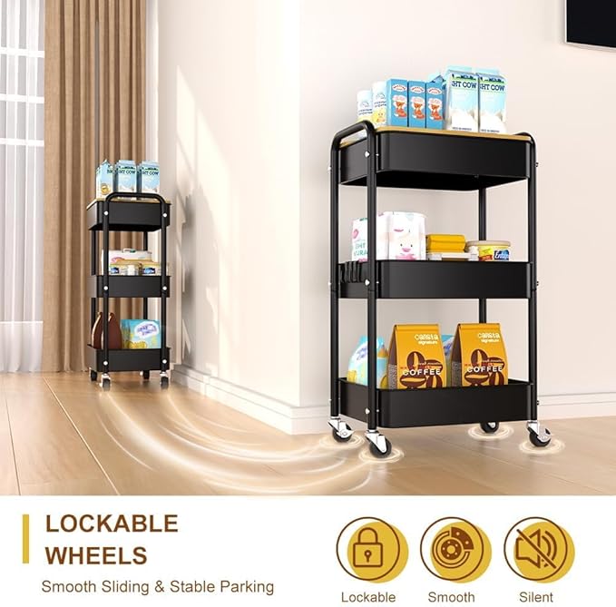 3 Tier Metal Utility Cart, Rolling Storage Cart with Wooden Tabletop, Metal Organizer Cart with Lockable Wheels for Office, Bedroom, Kitchen and Living Room (Black)