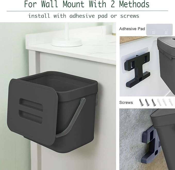 Kitchen Trash Can with Lid, LALASTAR Wall-Mounted Under Sink Small Garbage Can for Kitchen, Bathroom, Compost Bin Countertop, Cabinet Trash Can Hanging, 1.8 Gallon, (Black, 7L)