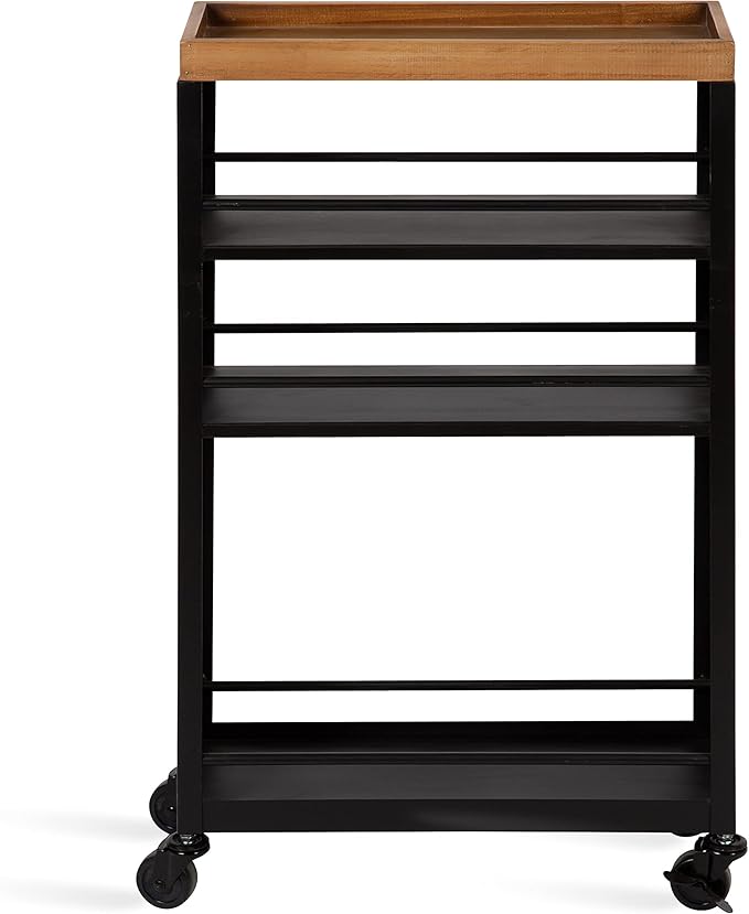 Kate and Laurel Piazza Decorative Slim Storage Cart, 18 x 7 x 30, Natural Wood and Black, Decorative Narrow Rolling Cart with Locking Wheels and Three Storage Shelves for Kitchen or Laundry Room