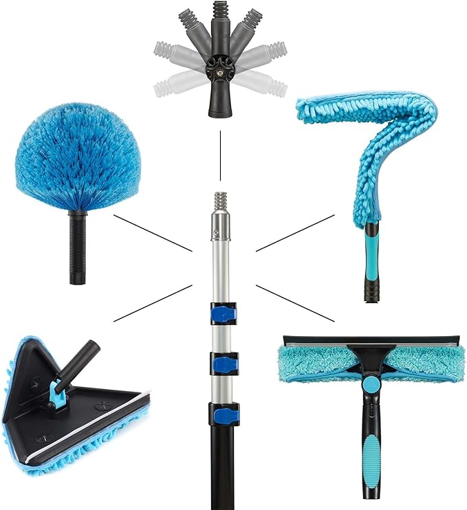 20 Feet High Ceilings Baseboard Wall Cleaner Mop with 12 Ft Extension Pole, Cobweb Duster, Window Cleaning Squeegee Kit (12ft)