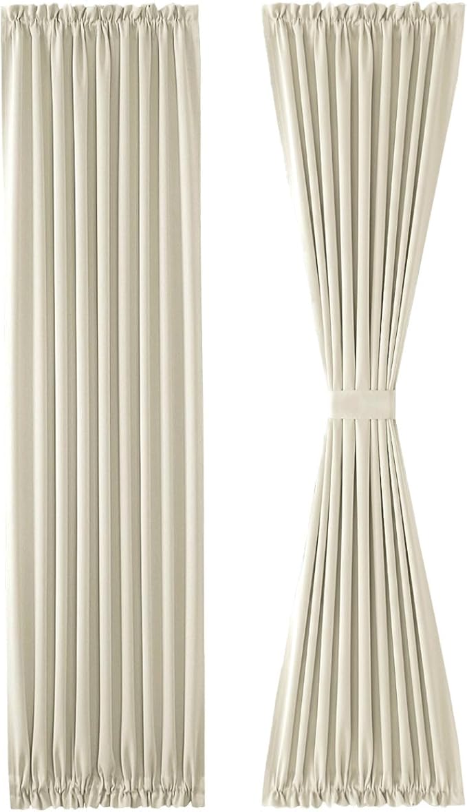 DWCN French Door Curtains – Rod Pocket Thermal Blackout Curtain for Doors with Glass Window, Kitchen and Patio Doors for Privacy, 25 X 80 Inches Long, 1 Curtain Panel with Tieback, Light Beige