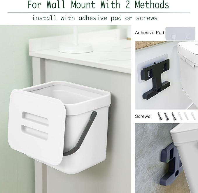 LALASTAR Trash Can with Lid, Wall-Mounted Under Sink Small Garbage Can for Kitchen, Bathroom, Hanging Plastic Trash Can, 1.8 Gallon, White