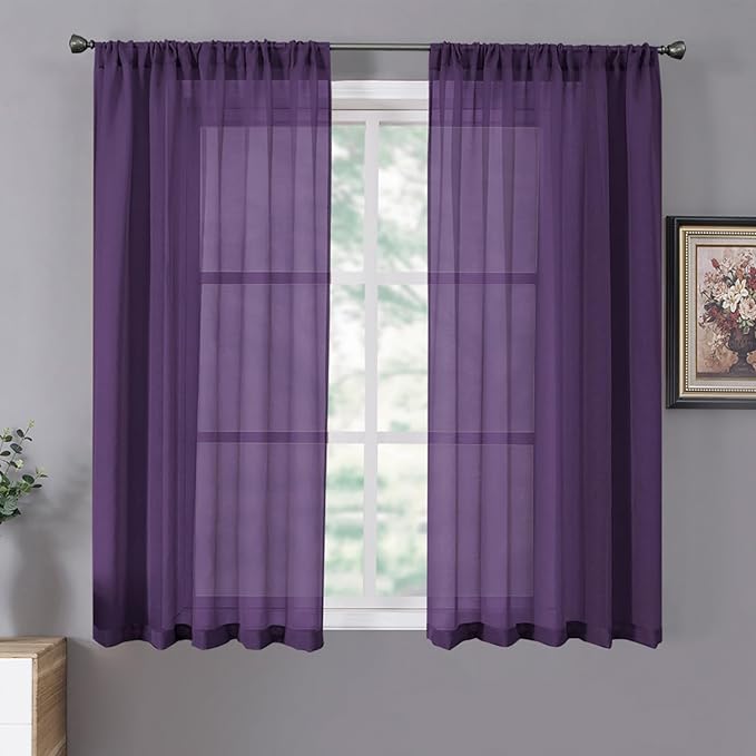 Tollpiz Short Sheer Curtains Linen Textured Living Room Curtain Sheers Light Filtering Rod Pocket Voile Curtains for Bedroom, 42 x 45 inches Long, Royal Purple, Set of 2 Panels