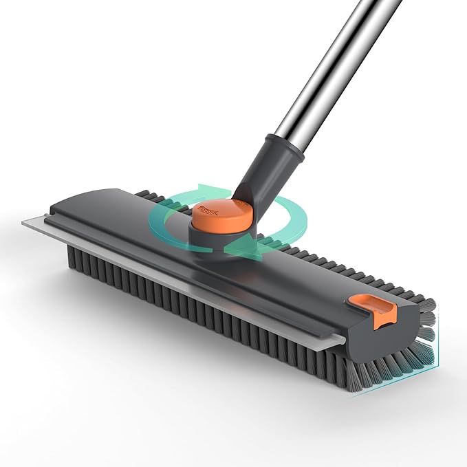 Floor Scrub Brush with Long Handle Length Adjustable, 3 in 1 Heavy-Duty Stiff 90° Bristle Floor Scrubber Broom with Squeegee, Cleaning Brush for Bathroom, Garage, Kitchen, Tile, Deck & Patio (Gray)