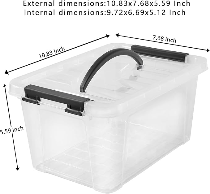 6 Quart Plastic Stackable Storage Latch Bins,Clear Latching Box with Handle and Lid,Pack of 6 (Black Handle)