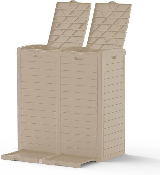 62 Gallon Outdoor Trash Can, Waterproof Resin Trash Can with Layered Lid and Drip Tray, Perfect for Patio, Backyard (Grey)