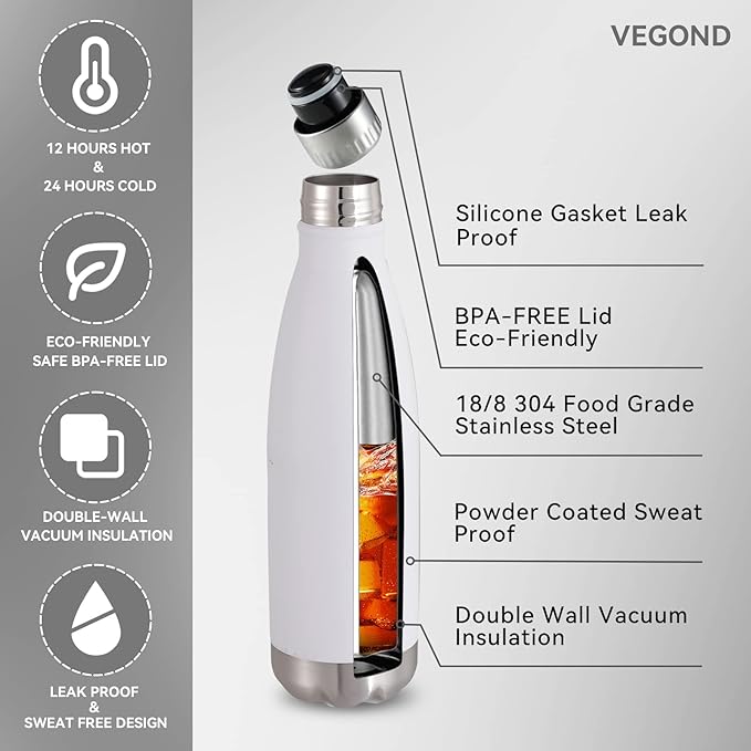 VEGOND 17oz Stainless Steel Water Bottles Bulk, Reusable Metal Sports Bottle Keeps Drink Hot and Cold, BPA Free Double Wall Vacuum Insulated Cola Shape Bottles for Camping, Gym, 4 Pack