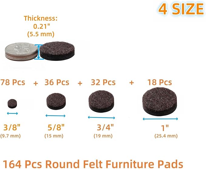 Felt Furniture Pads for Hardwood Floors 164 Piece, Furnigear Anti Scratches Felt Pads for Round Chair Feet Self Adhesive Chair Felt Pads Sliders Moving Your Furniture Smoothly, Brown