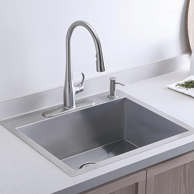 21.6x17.7 inch Drop in Kitchen Sink, Handmade 304 Stainless Steel Sink with 2 Holes, 8.6" Deep Single Bowl, R10 Tight Radius, Topmount Kitchen Sink with Basket Strainer Drain, Brushed