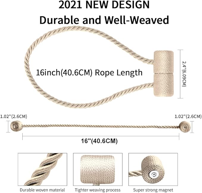 18 Inch Strong Magnetic Curtain Tiebacks, Curtain Holdbacks Modern Upgrade Strong 2021 New Twisted Style Decorative Drapery Rope Tie Backs(4 Pack Beige)
