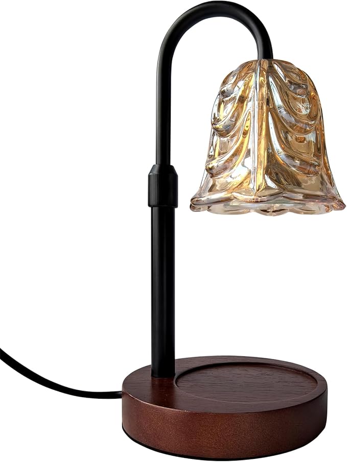 Candle Warmer Lamp with Timer and Dimmer - Adjustable Height Wax Melt Warmer, 4 Brightness Levels, 2/4/8H Timer, Wood Base & Glass Shade, Includes 2 GU10 Halogen Bulbs for Home Decor