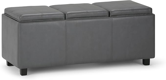 SIMPLIHOME Avalon 42 inch Wide Contemporary Rectangle Storage Ottoman in Stone Grey Vegan Faux Leather, Assembled, For the Living Room, Entryway and Family Room