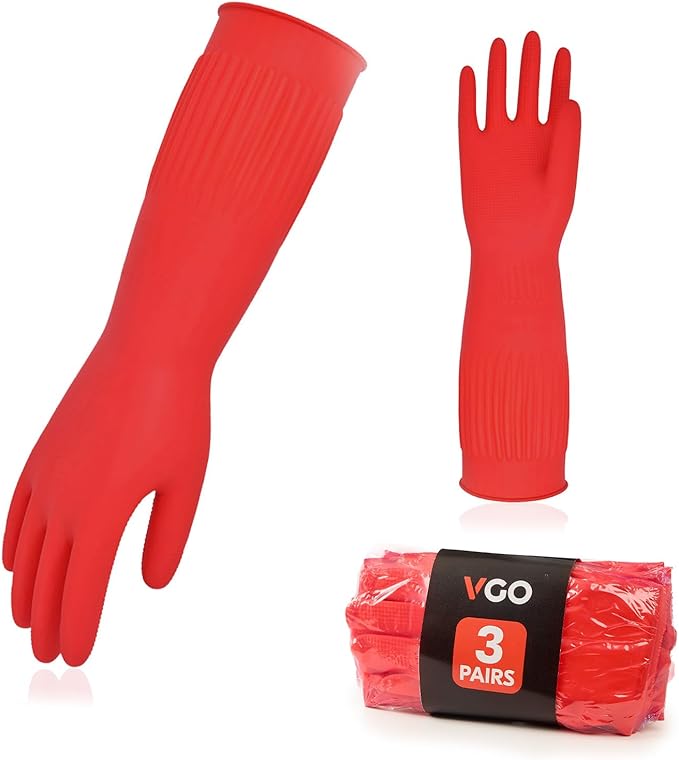 Vgo... 3-Pairs Dishwashing Gloves, Reusable Household Gloves, Long Sleeve, Thick Latex, Cleaning, Washing, Working, Painting, Gardening, Pet Care (Size M, Red, RB2143)