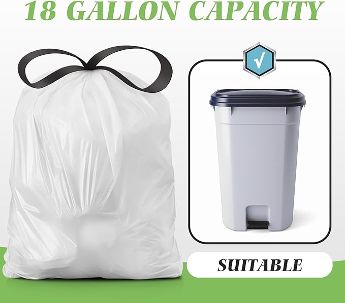 Drawstring Trash Bags-18 Gallon 120 Counts (fit 16-18 Gal) Large Strong Tall Kitchen Trash Bags by Teivio Garbage Bags for Home/Office/Light Residential Waste/Outdoor Trash Can, Lawn Bag White