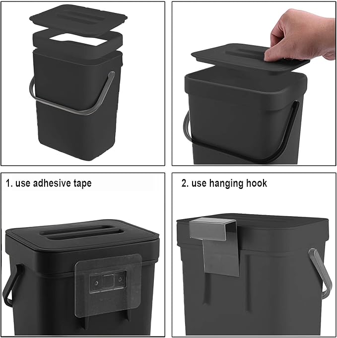 LALASTAR Countertop Compost Bin with Lid, Hanging Small Trash Can with Lid Under Sink for Kitchen, Food Waste Bin for Countertop, Mountable Garbage Can for Bathroom, RV, 5L/1.3 Gal, Black