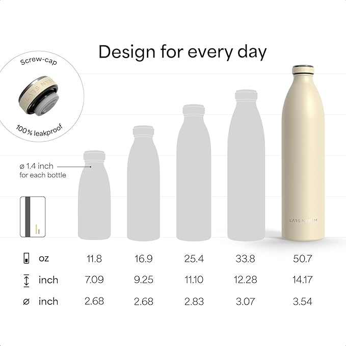 LARS NYSØM Stainless Steel Insulated XL Water Bottle 12oz 17oz 25oz 34oz 51oz | Insulated Thermo Flask for Hot and Cold Beverages | Leakproof Drinking Bottle (Stone Blue, XL 50.7oz)