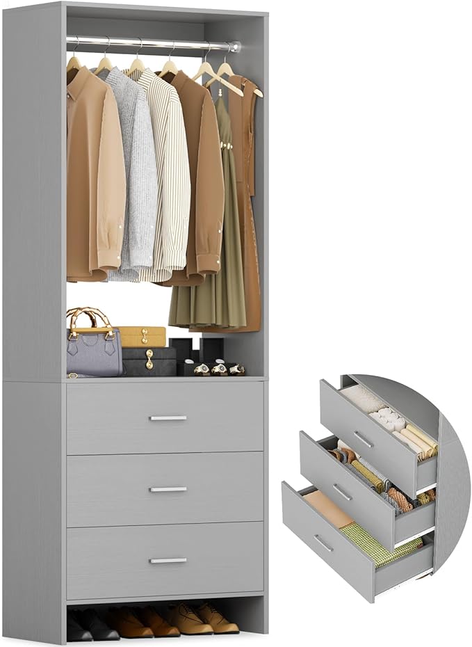 Aheaplus 2FT Closet System with 3 Drawers, 24’’ Closet Organizer, Wood Closet Organizer System, Walk-in Closet or Small Closets Wardrobe, Clothes Rack with Hanging Rods,-E6, Grey