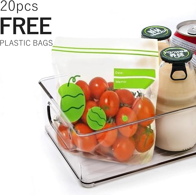 12 Pack Refrigerator Organizer Bins, 3 Sizes Stackable Clear Pantry Storage with Handles and 30 PCS Plastic Bags for Fridge, Freezer, Shelves, Drawer, Snack Organizer for Home & Kitchen