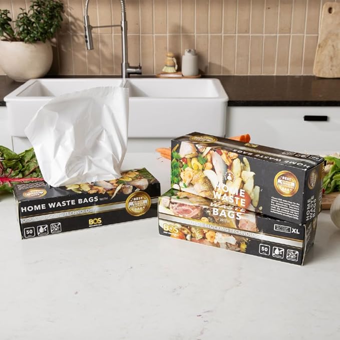 BOS Odor-Sealing Kitchen, Home & Food Small Trash Bags for Waste- Disposable Bags - Scent & Smell Free (50 Bags) [Size XL, Color White]