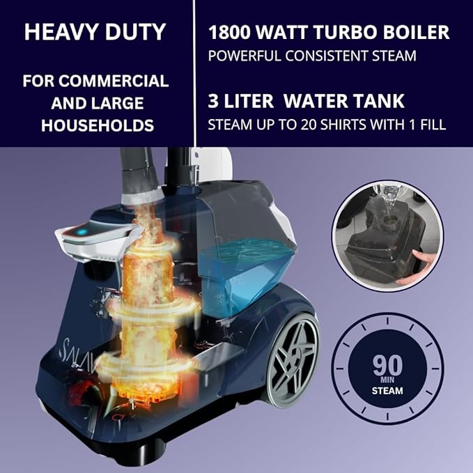SALAV® Heavy Duty Smart Auto Shut-off Commercial Full-Size Garment Steamer, Beeping Alert when Water Runs out, Foot Pedal Control, XL 3L (101.5 oz) Tank, 1800 watts, 90+min of Continuous Steam, Navy