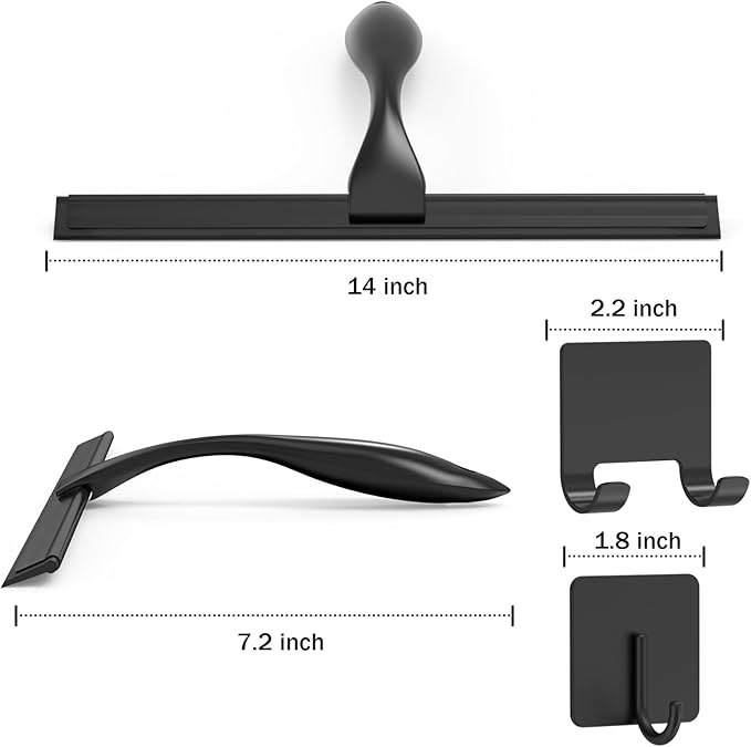 All-Purpose Stainless Steel Shower Squeegee for Shower Doors with 2 Adhesive Hooks, Bathroom Cleaner Tool Household Window Mirror Squeegee for Home Cleaning, Glass Door, Tile Wall, Car, 14 Inch Black