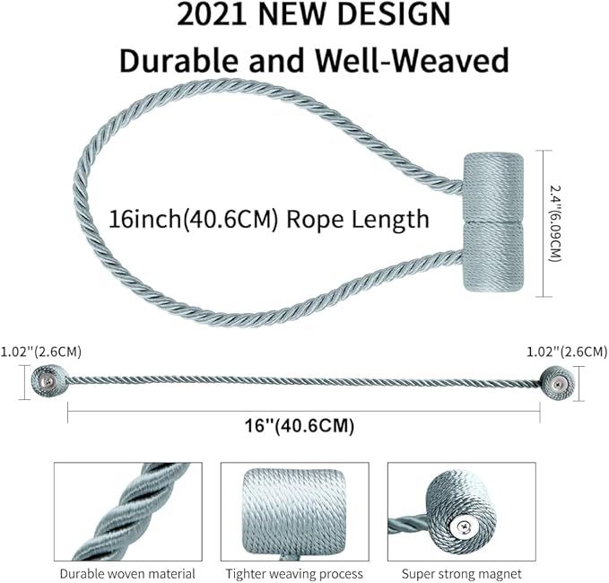 18 Inch Strong Magnetic Curtain Tiebacks, Curtain Holdbacks Modern Upgrade Strong 2021 New Twisted Style Decorative Drapery Rope Tie Backs(2 Pack Grey Blue)