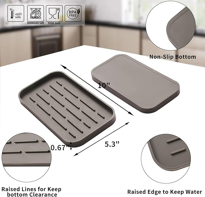Silicone Kitchen Sink Organizer Tray for Multiple Usage,Eco-Friendly Sponges Holder for Kitchen Bathroom Counter or Sink,Dish Soap Dispenser,Scrubber,Bottle,Cup (Coffee, 10"×5.3")