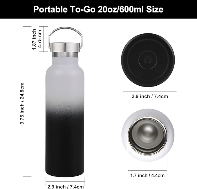 Neihepal 20 oz Insulated Water Bottles Bulk 2 Pack,Stainless Steel Double Wall Sport Bottle with Lid of Handle,Metal Reusable Thermoses Flask for School,Cyclists,Hikers,Gift (White-Black,Set of 2)